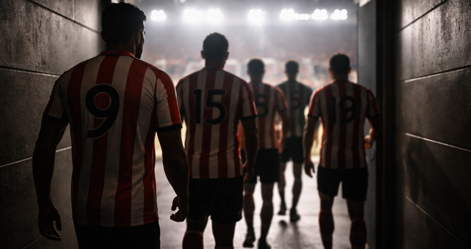 Football players in red and white kit walking through tunnel towards away stadium pitch