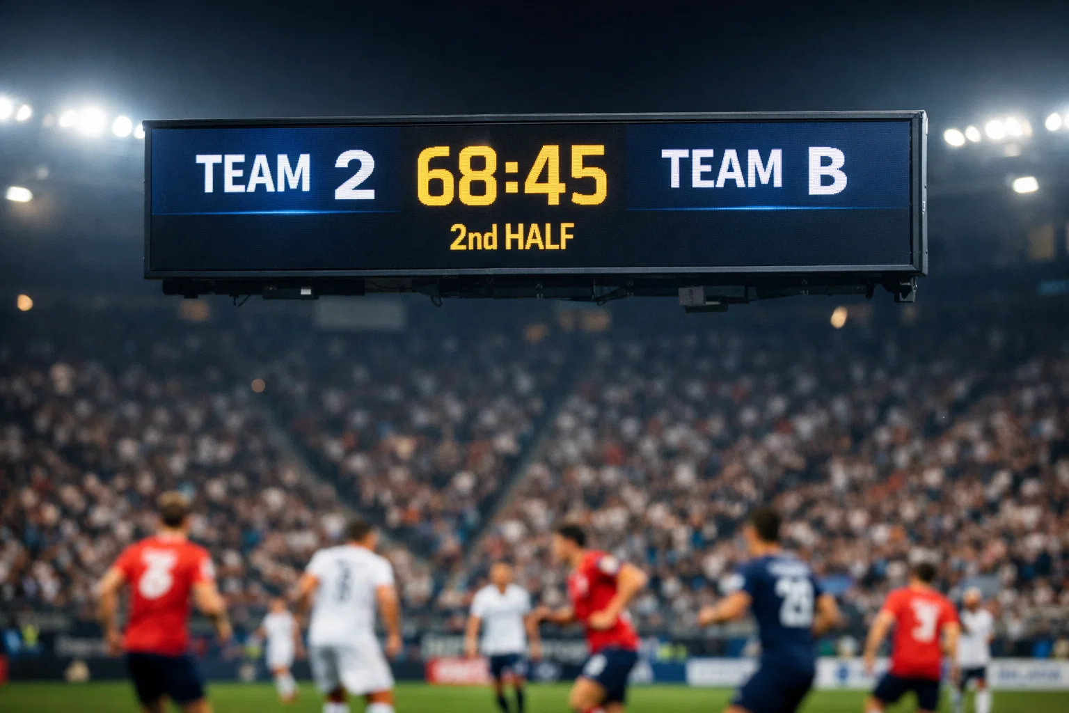 Stadium scoreboard showing live football match score with players on pitch in background