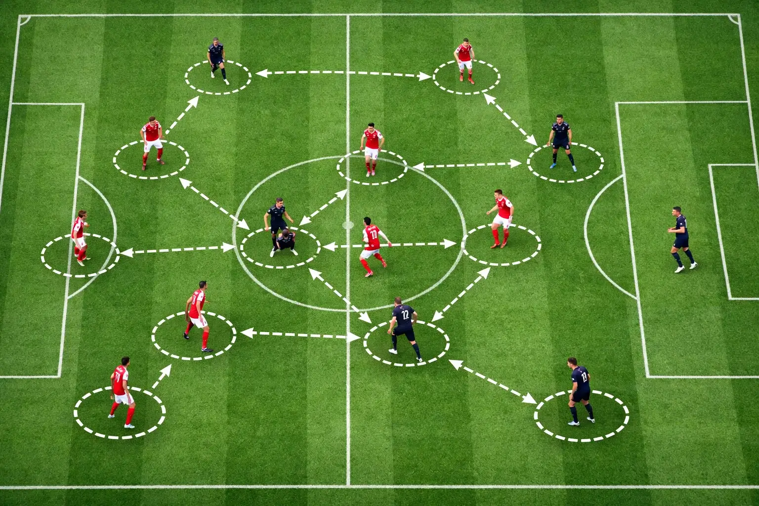 Overhead view of football players executing high press formation on green pitch