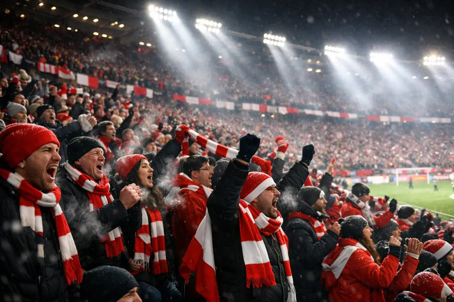 Football stadium crowd under floodlights during winter evening match with breath visible in cold air