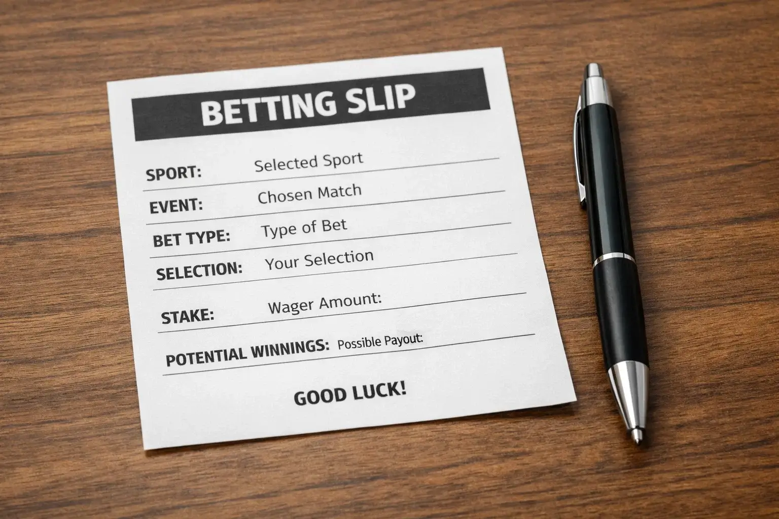 Close-up of sports betting slip on desk with pen and notebook nearby