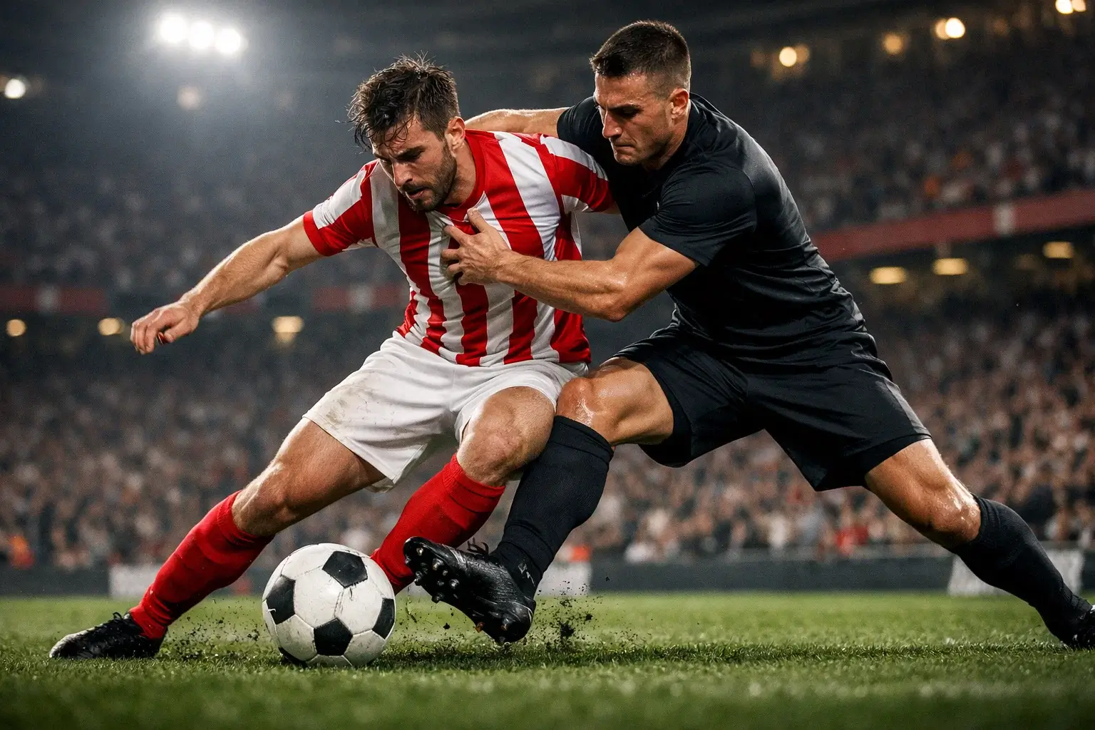 Small football club player facing elite Premier League opponent on professional pitch