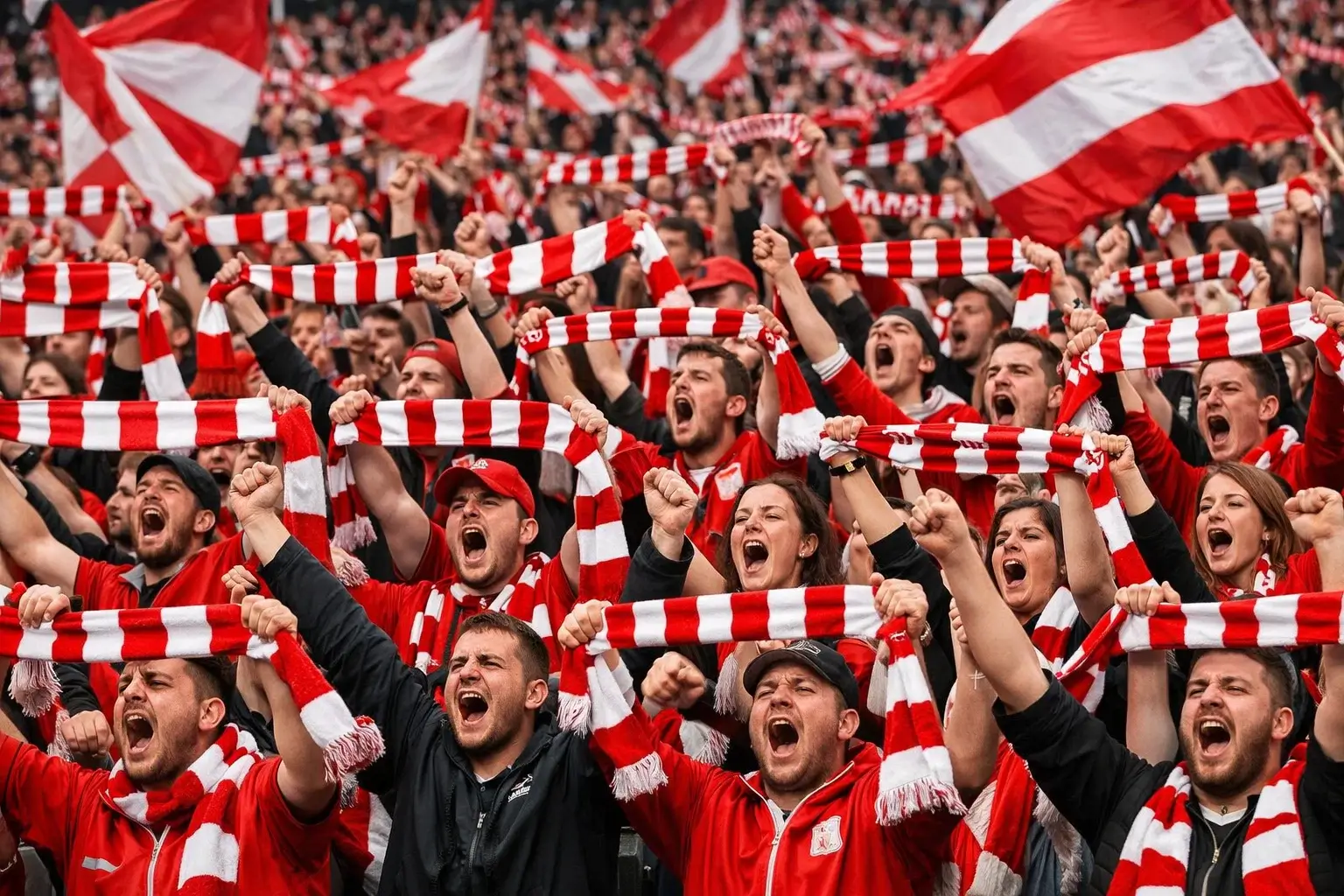 Passionate football supporters in stadium stand creating intense atmosphere with arms raised