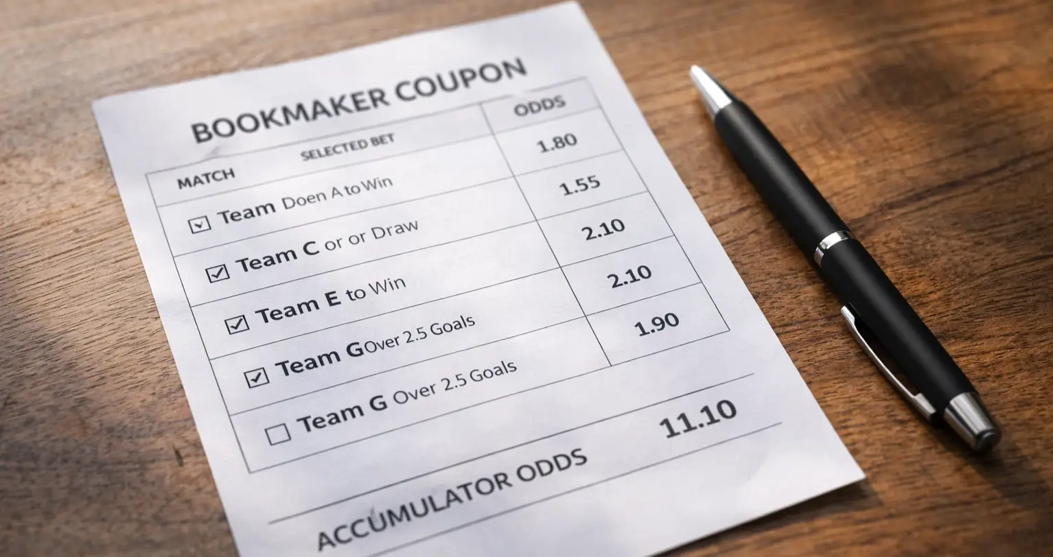 Football betting slip with multiple selections on a wooden table
