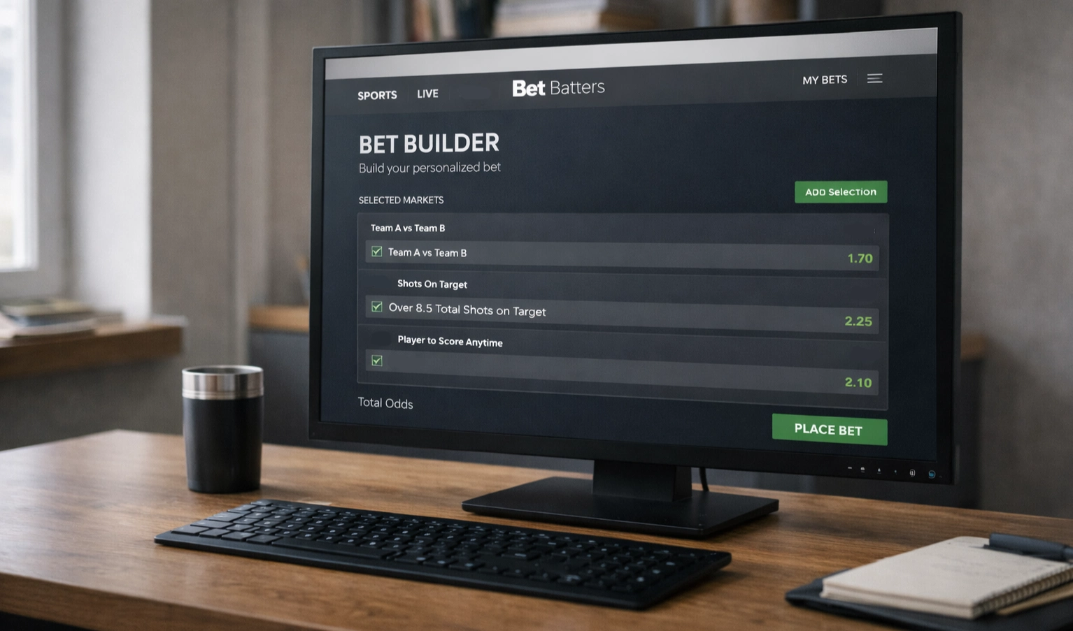Sports betting interface showing multiple market selections being combined