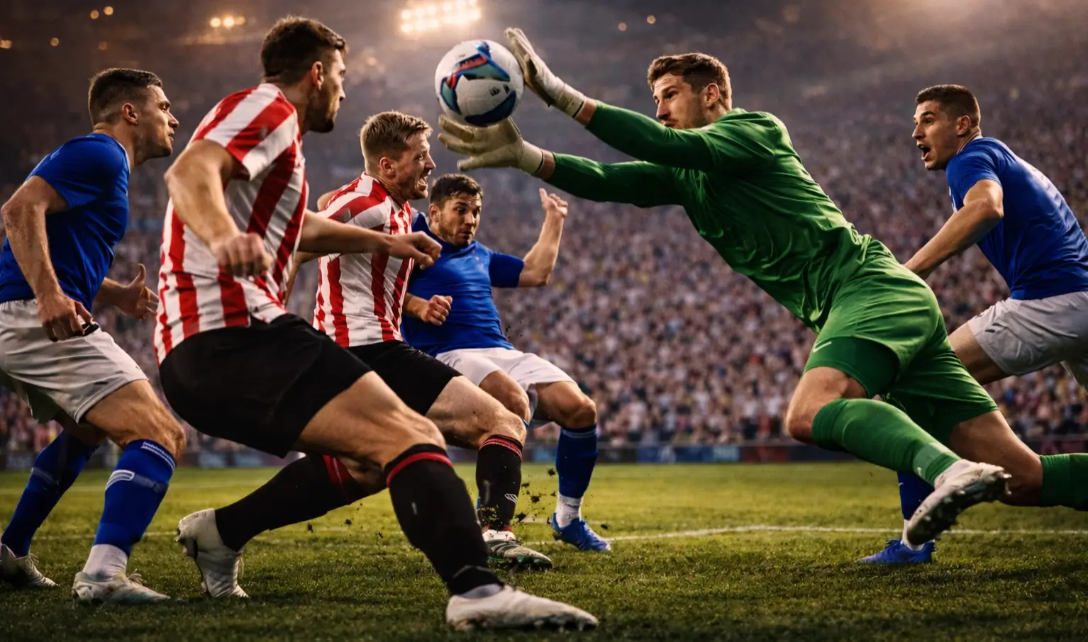 Intense Premier League football action with players from both teams attacking near the goal