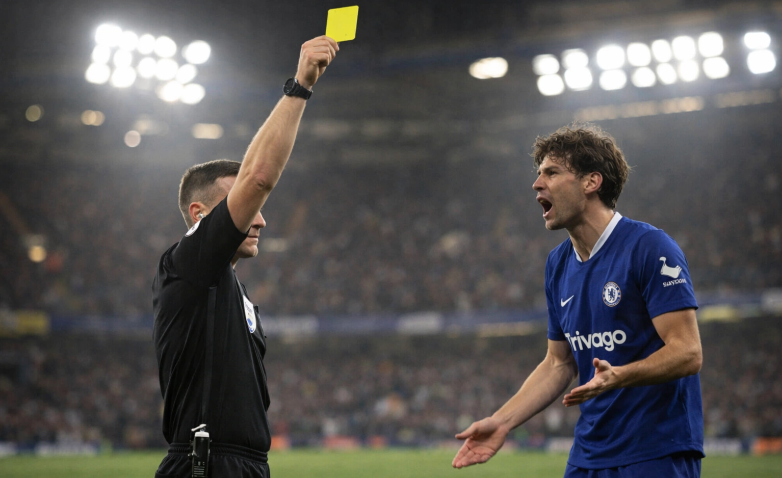 Football referee showing yellow card to player during Premier League match