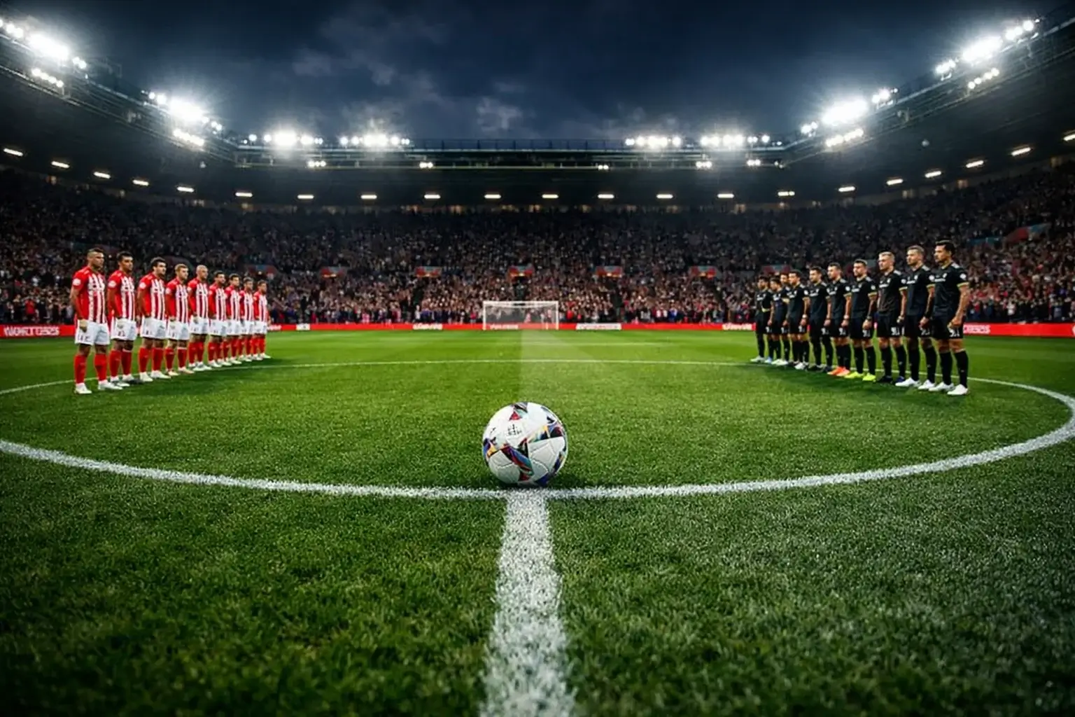 Football match kickoff moment at a Premier League stadium with players ready to start