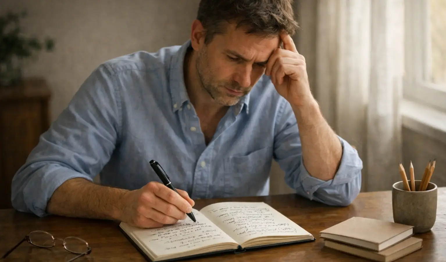 Person thoughtfully reviewing betting decisions with notepad and pen