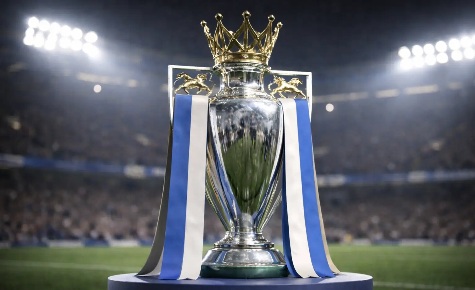 Premier League football trophy displayed at stadium