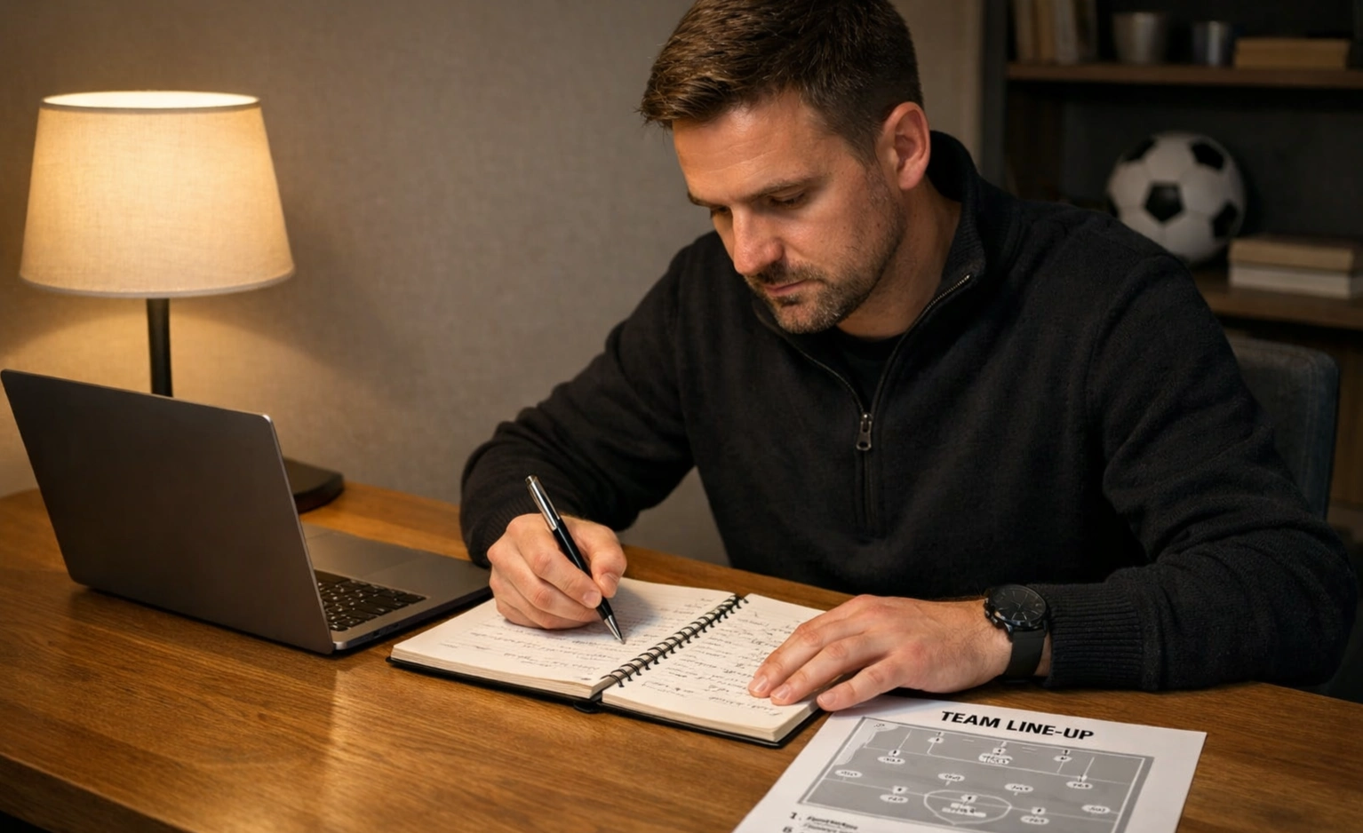 Sports analyst preparing for football match with research materials on desk