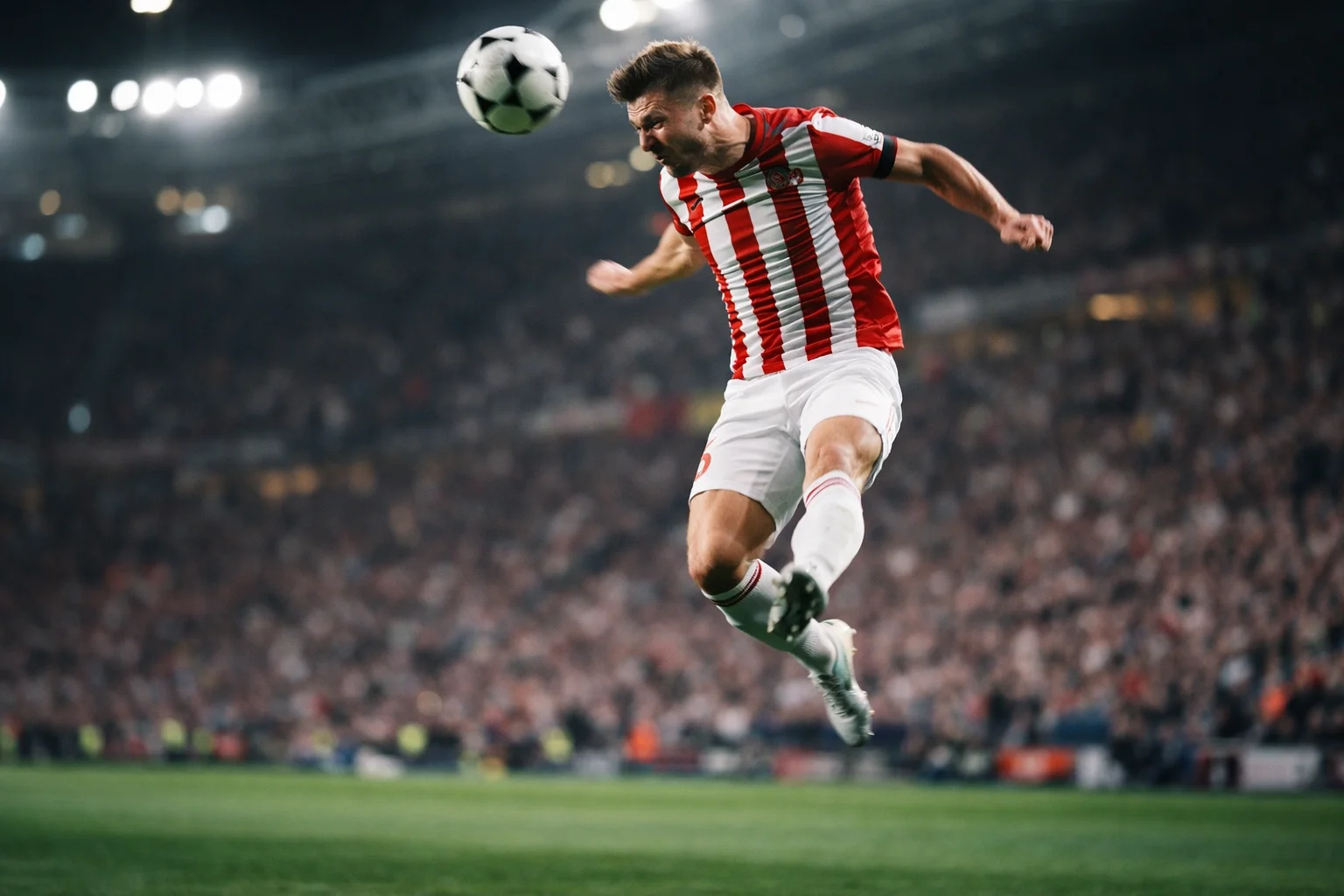 Football player heading the ball during Premier League match