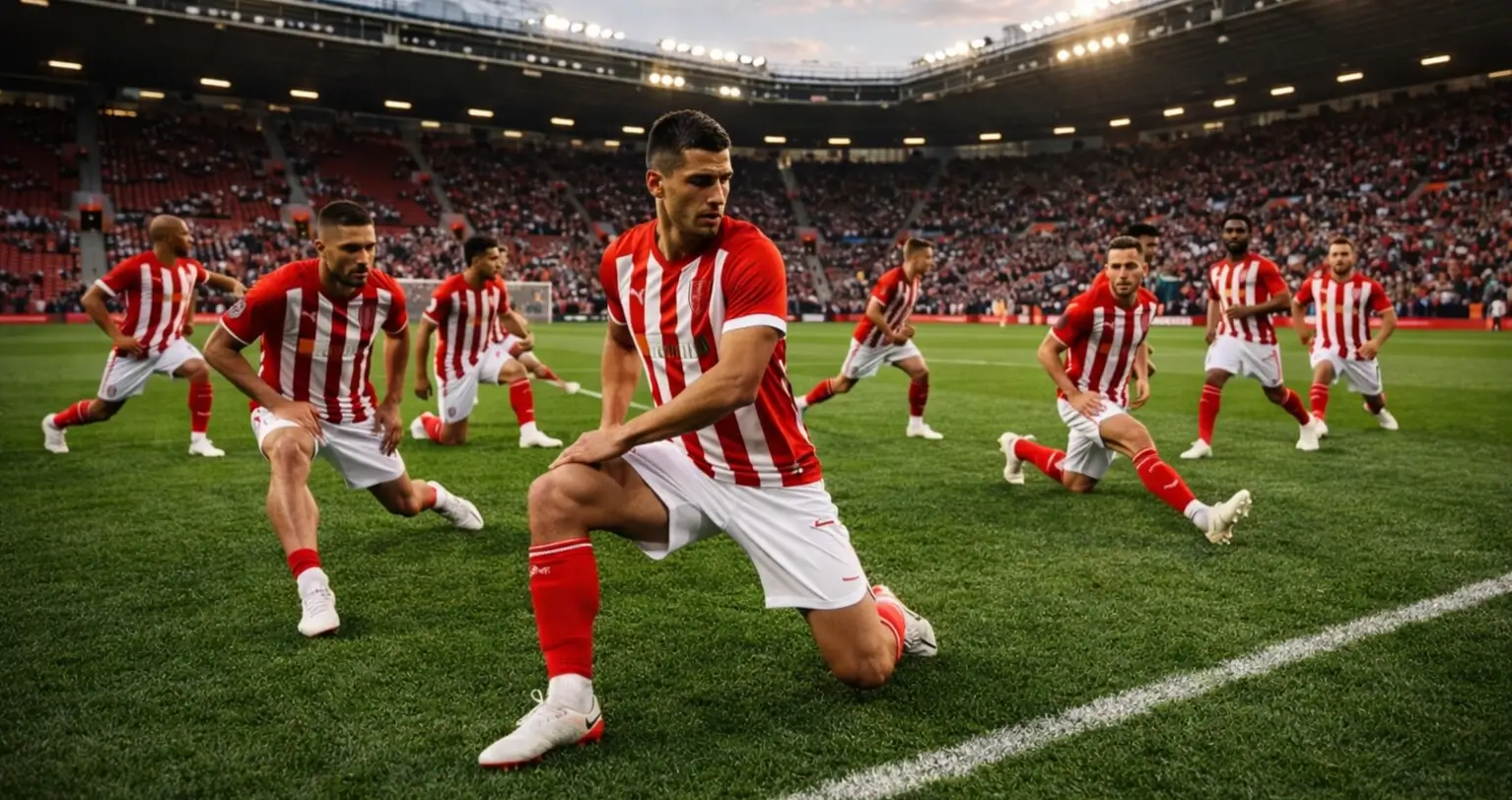 Football team warming up on the pitch before a Premier League match