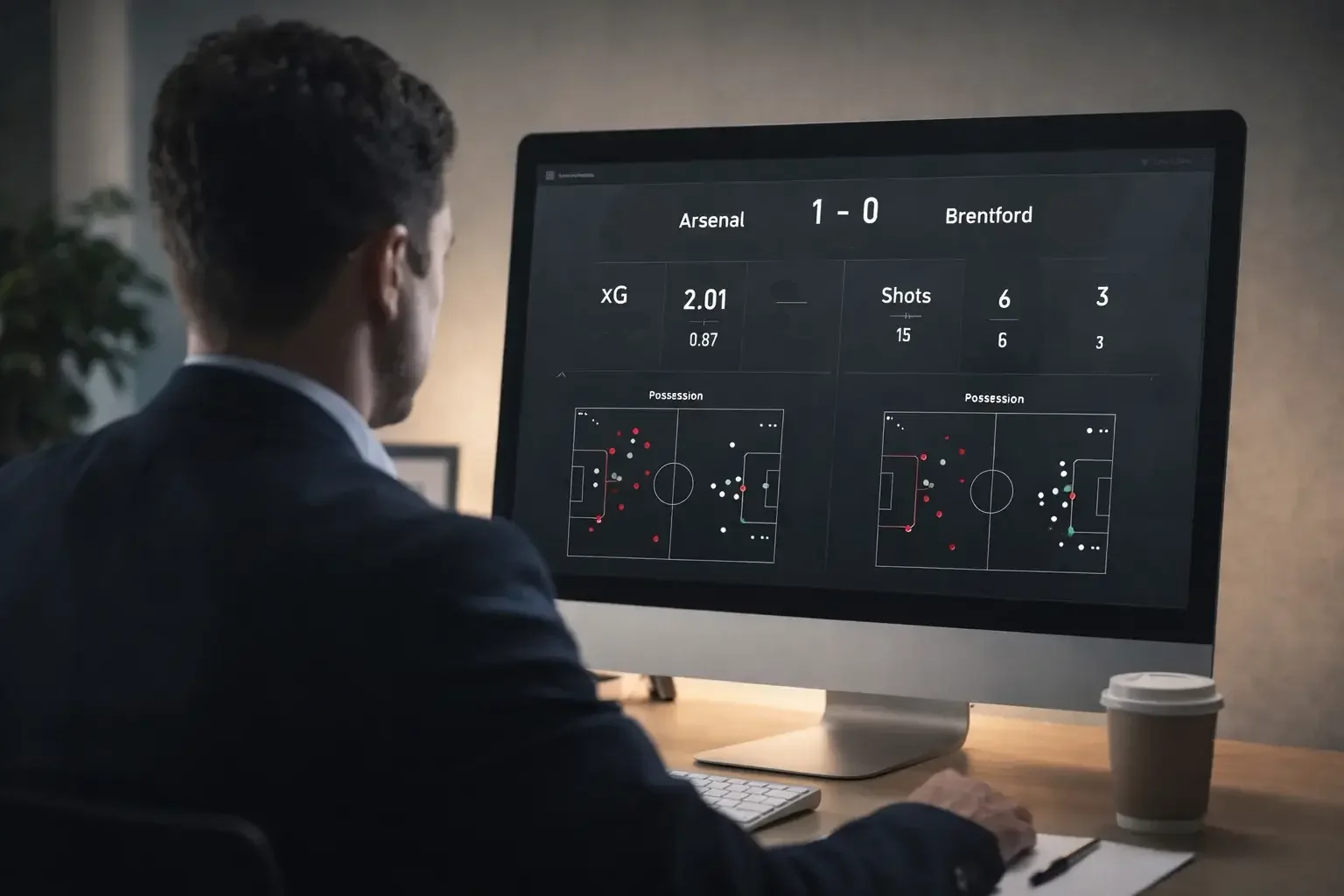 Football analyst studying match performance data on screen