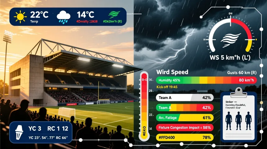 Weather conditions and external factors analysis showing referee statistics and environmental impacts on match outcomes