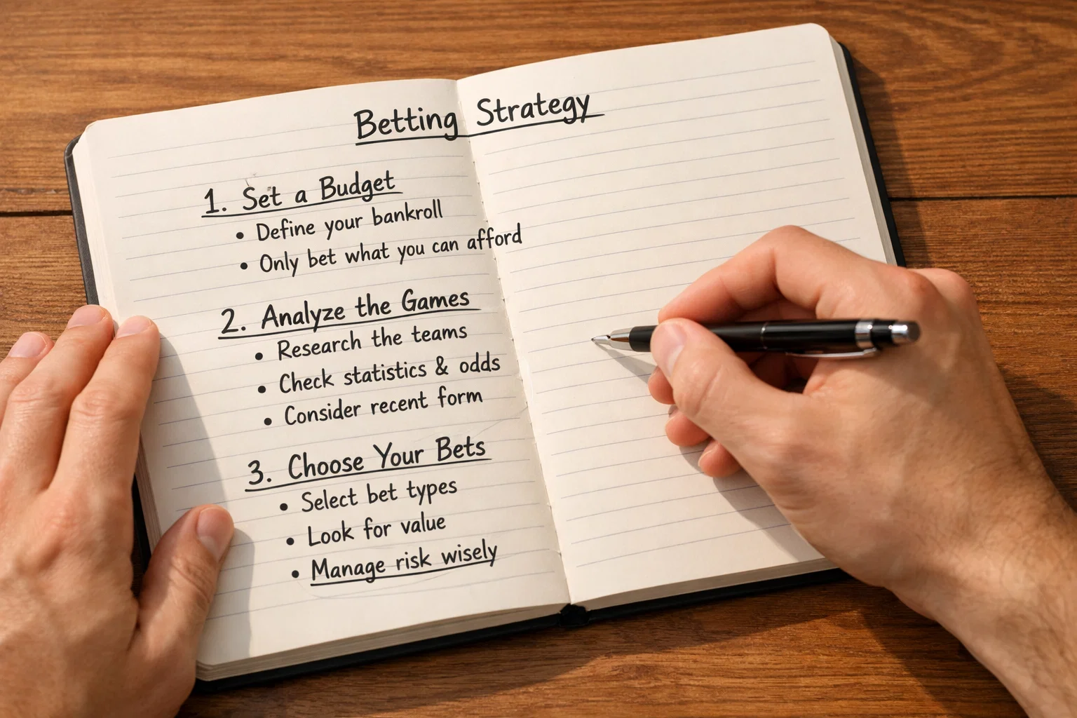 Person writing a structured betting plan in notebook at desk