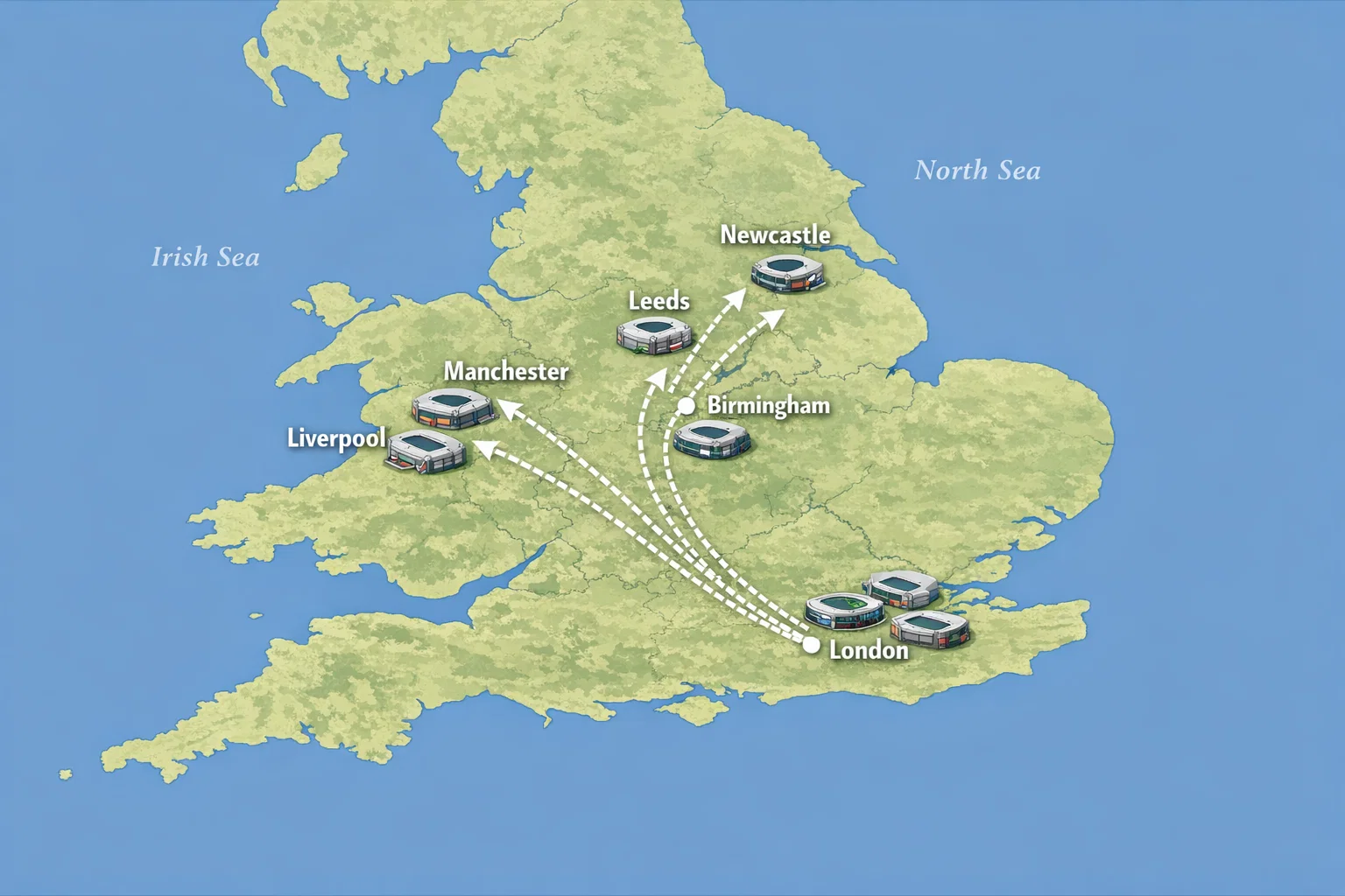 Map of England showing Premier League stadium locations with travel routes marked